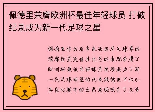 佩德里荣膺欧洲杯最佳年轻球员 打破纪录成为新一代足球之星