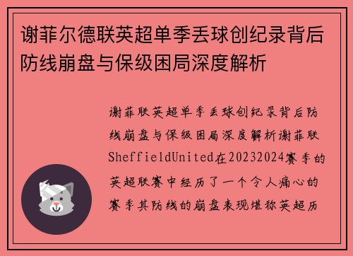 谢菲尔德联英超单季丢球创纪录背后防线崩盘与保级困局深度解析